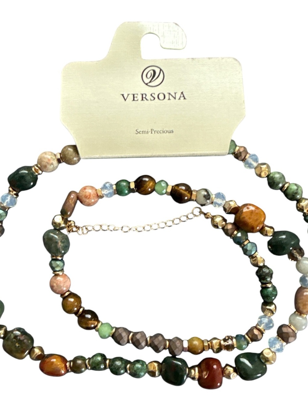 Versona Green Brown Gold Multi-Tone Semi-Precious Beaded Necklace NWT
